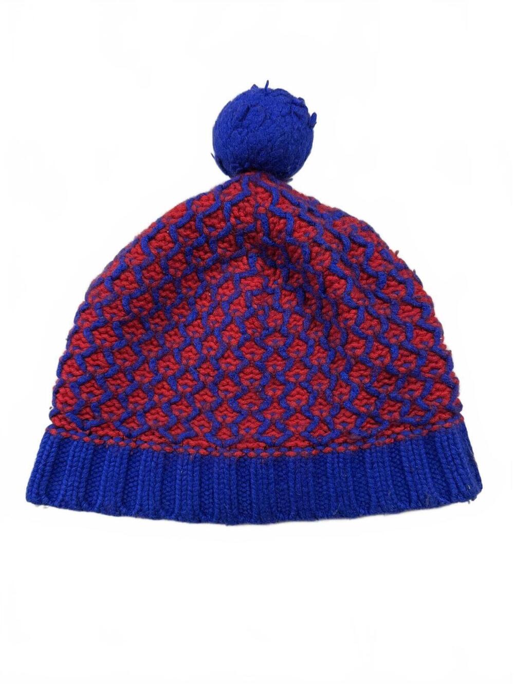 J.Crew Blue and Red Knit Pom Pom Hat